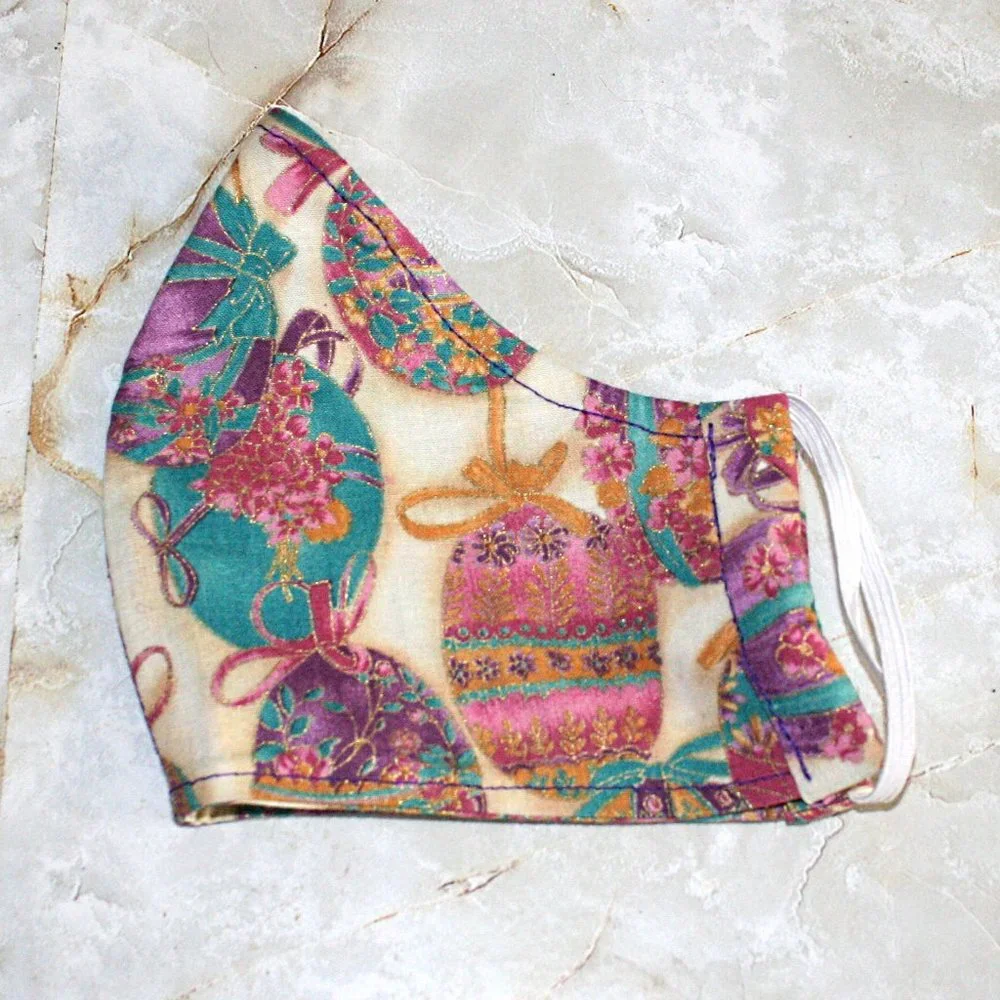 HAND CRAFTED Face Mask Easter Ribbon Eggs Adult Cloth Fabric Print - Shield